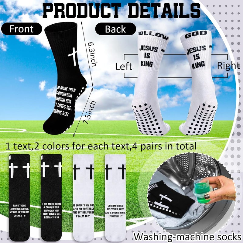 Jamntower 4 Pairs Cross Grip Soccer Socks with Bible Verse Anti Slip Religious Jesus Christian Football Sock with Rubber Dots - Image 2
